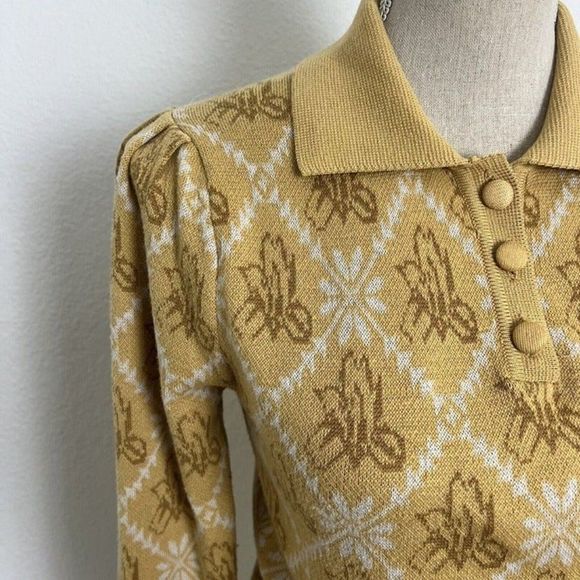 Simple Retro Yellow Floral Polo Contrast Collar Wool Knit Sweater Sz Small NWOT - Picture 11 of 11